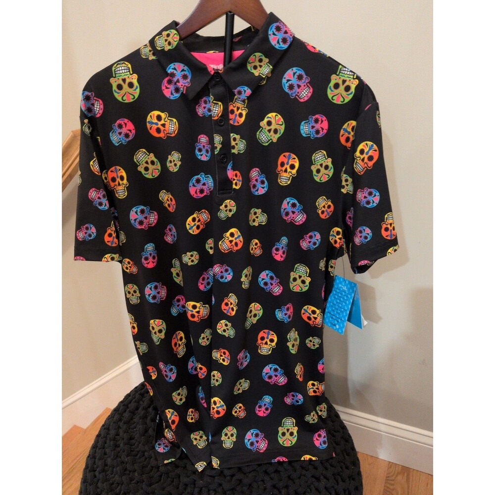 Birdie Bound Stretch Polo Shirt Men's L Black/Multicolor Skull Print Golf